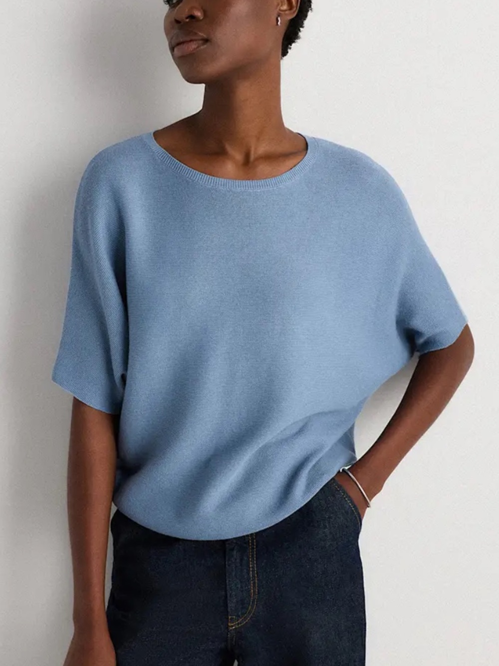 Quince Light Blue Relaxed Knit Short-Sleeve Top